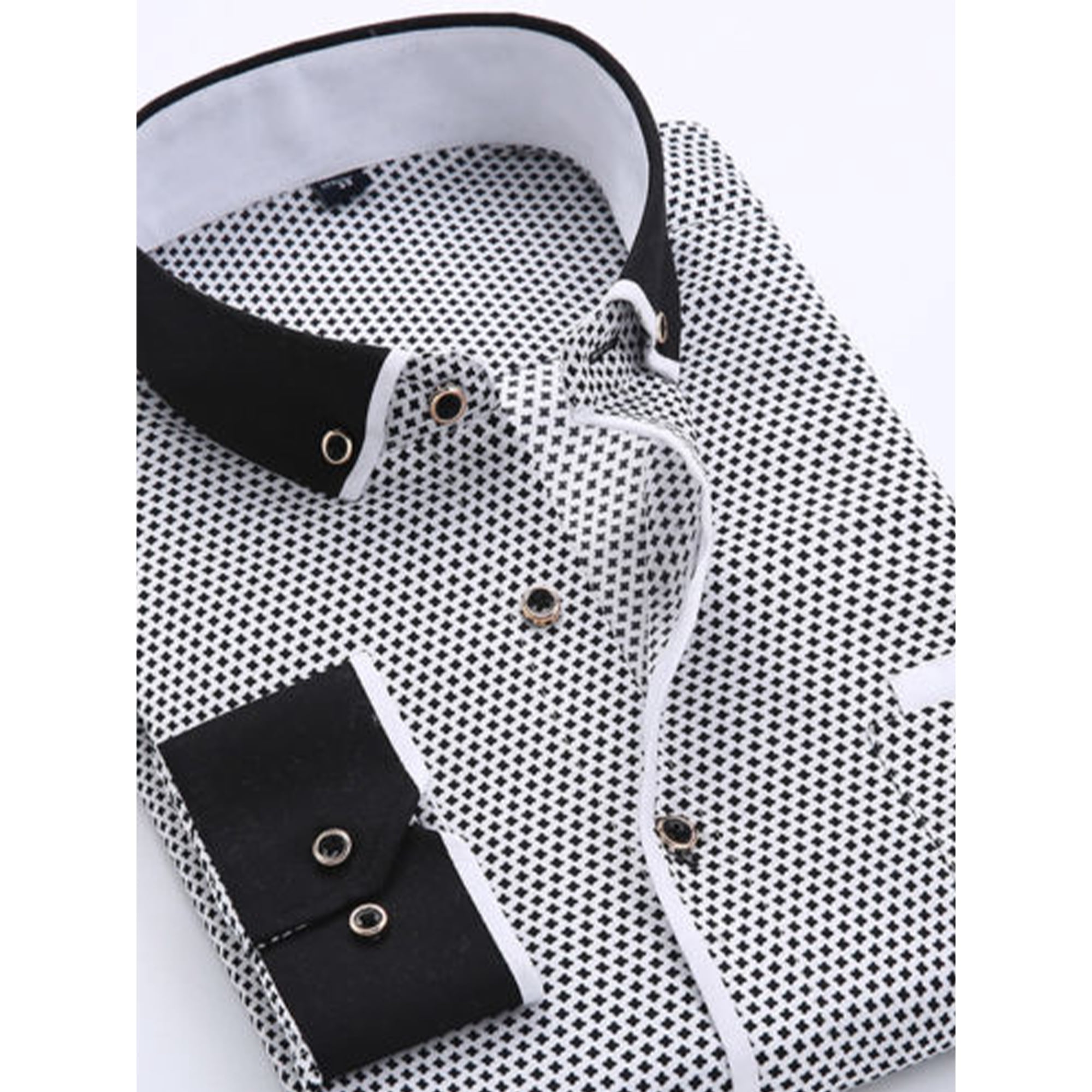 Black/White Men's Long Sleeve Polka Dot Shirt Casual Business Slim