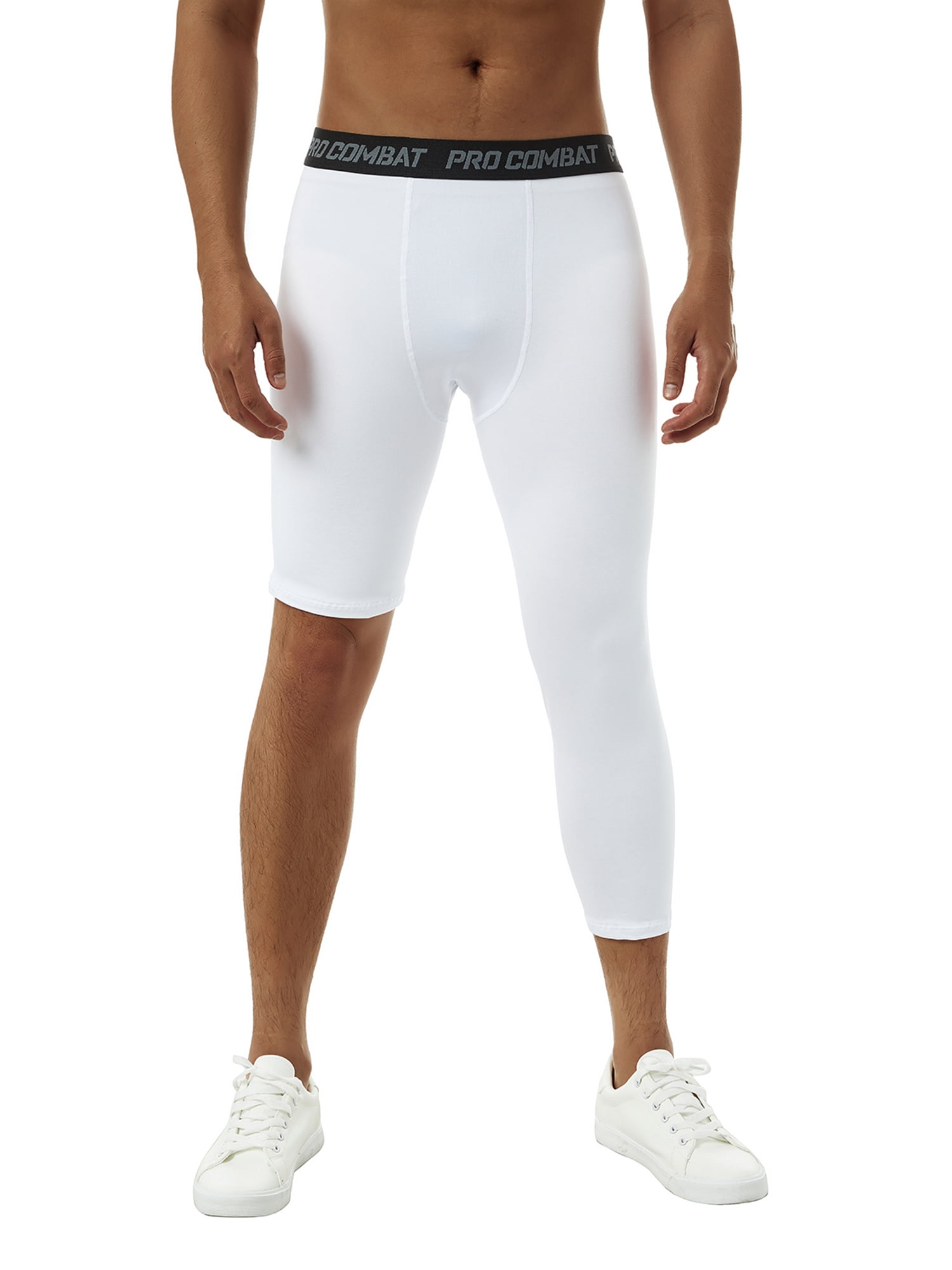 CenturyX Men One Leg Compression Pants 3/4 Capri Tights Athletic Basketball  Leggings Workout Base Layer Underwear White XL