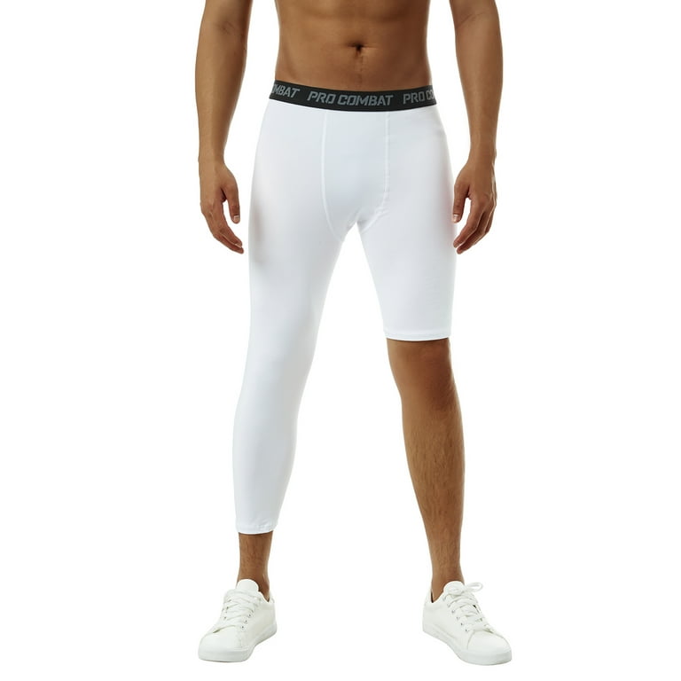 CenturyX Men One Leg Compression Pants 3/4 Capri Tights Athletic Basketball  Leggings Workout Base Layer Underwear White 2 L