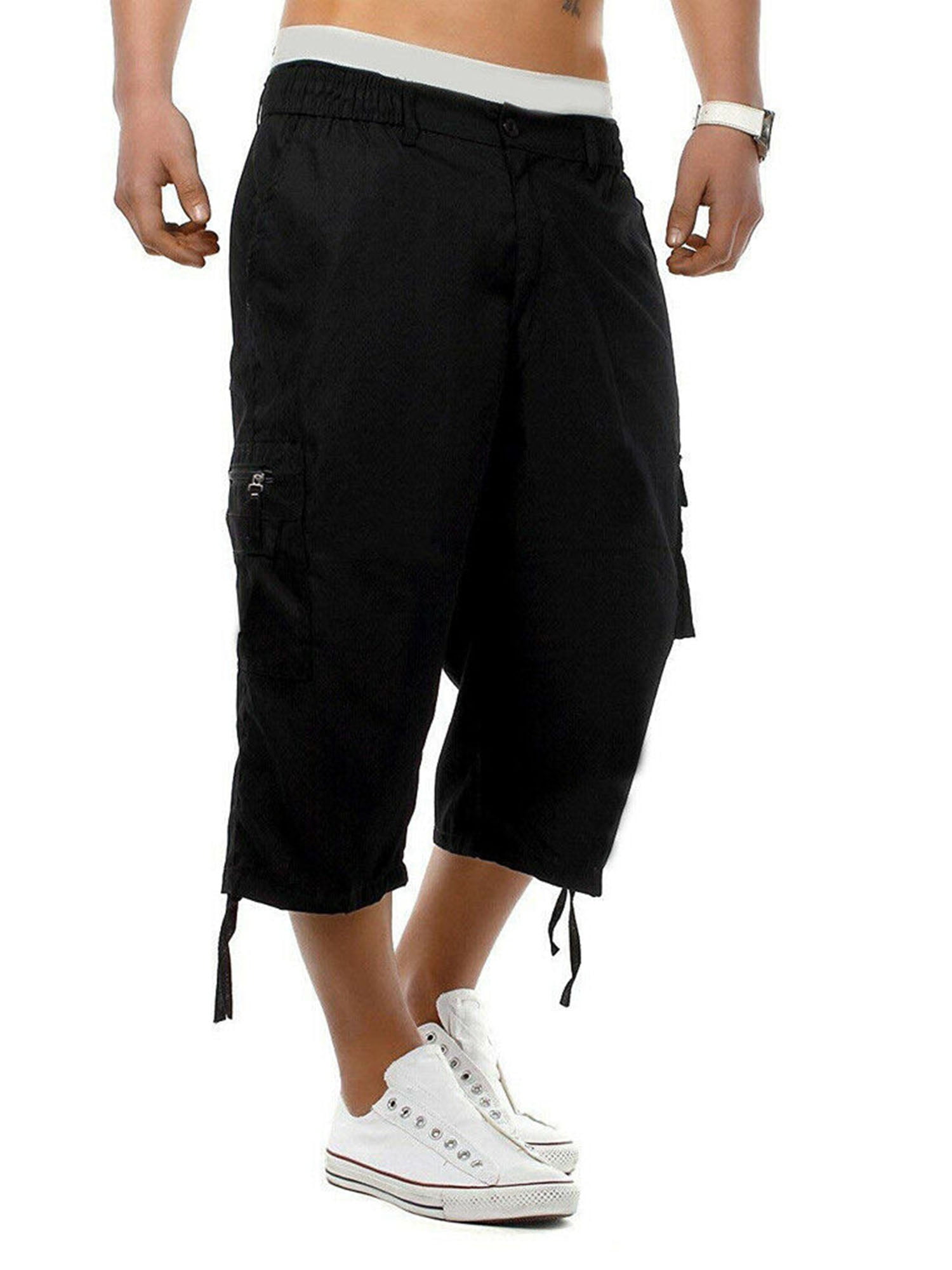 Mens Casual 3/4 Length Cargo Pants Shorts Baggy Cotton Trousers Solid Plus  Size | eBay