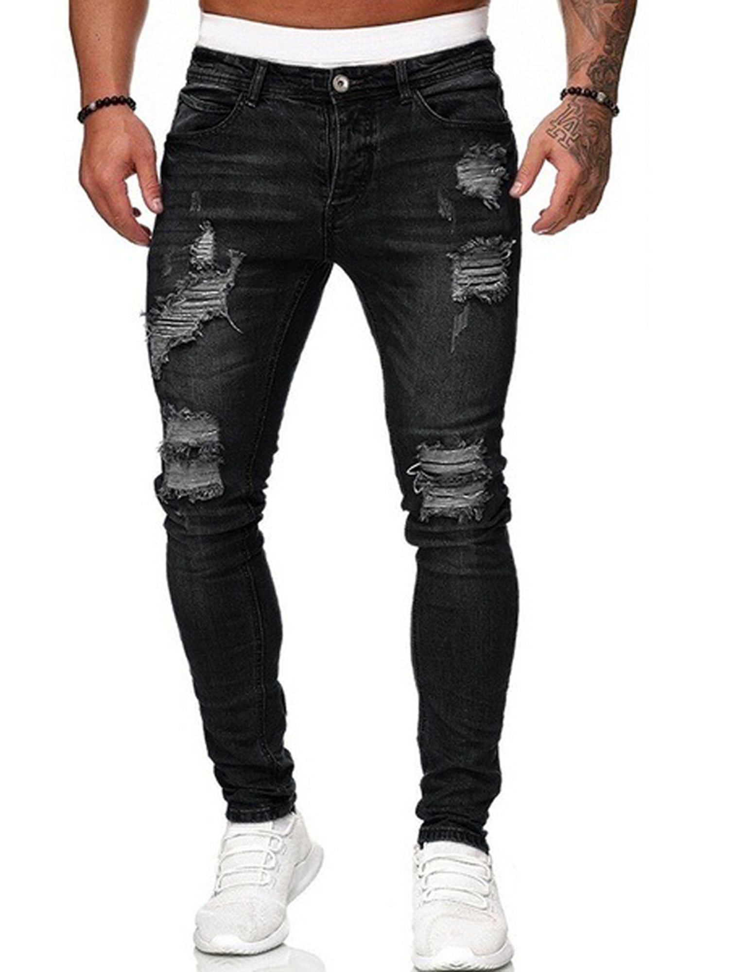 CenturyX Men's Skinny Distressed Ripped Jeans Destroyed Stretchy Knee Holes  Slim Tapered Leg Jeans Black XXXL