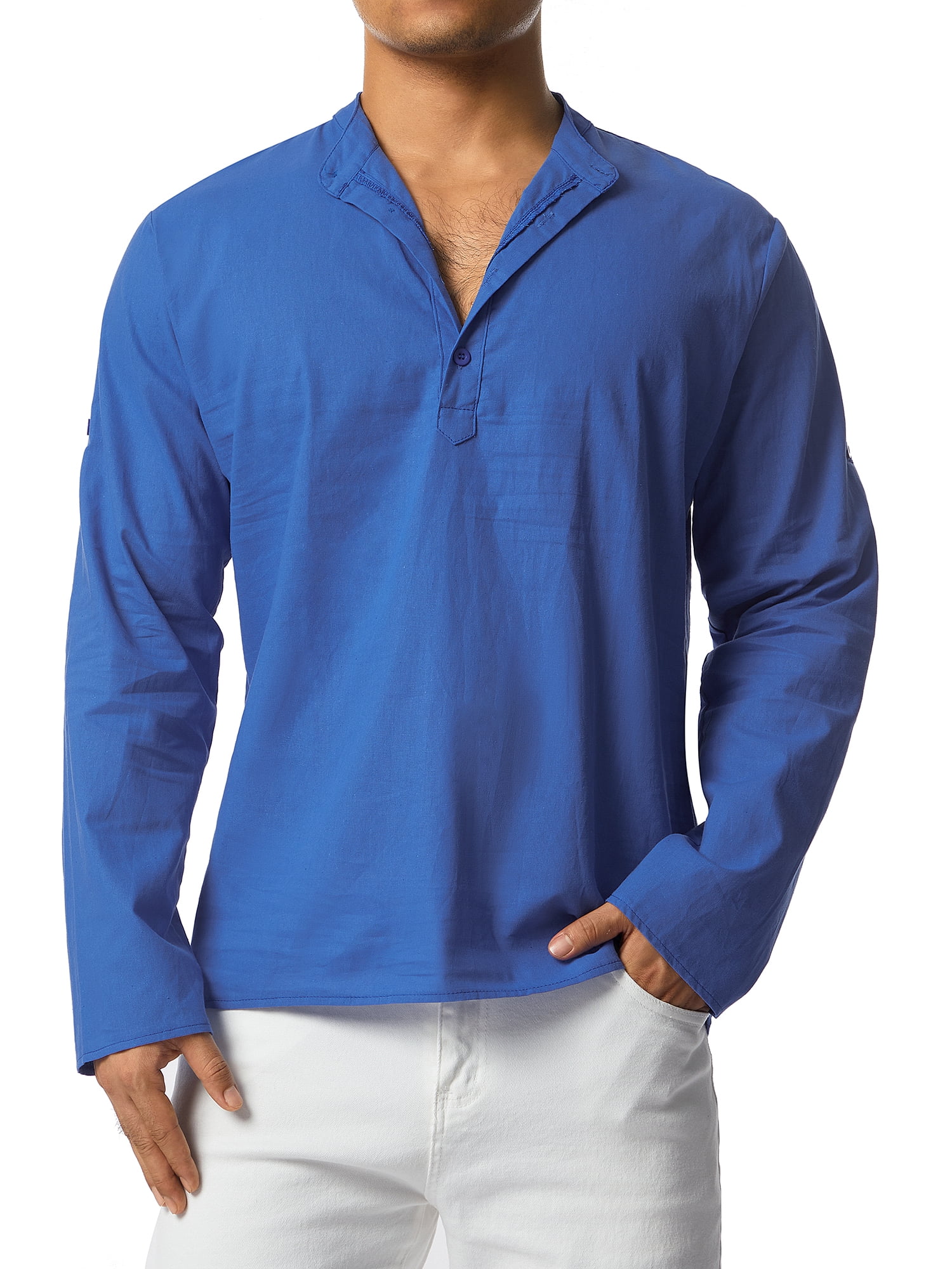 CenturyX Mens Linen Henley Shirt Long Sleeve Cotton Beach Yoga Loose