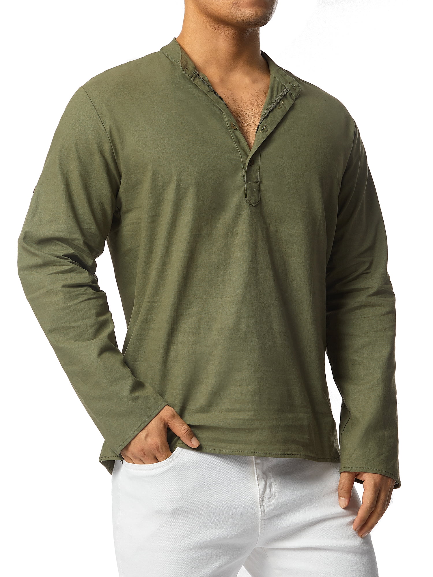 CenturyX Mens Linen Henley Shirt Long Sleeve Cotton Beach Yoga Loose