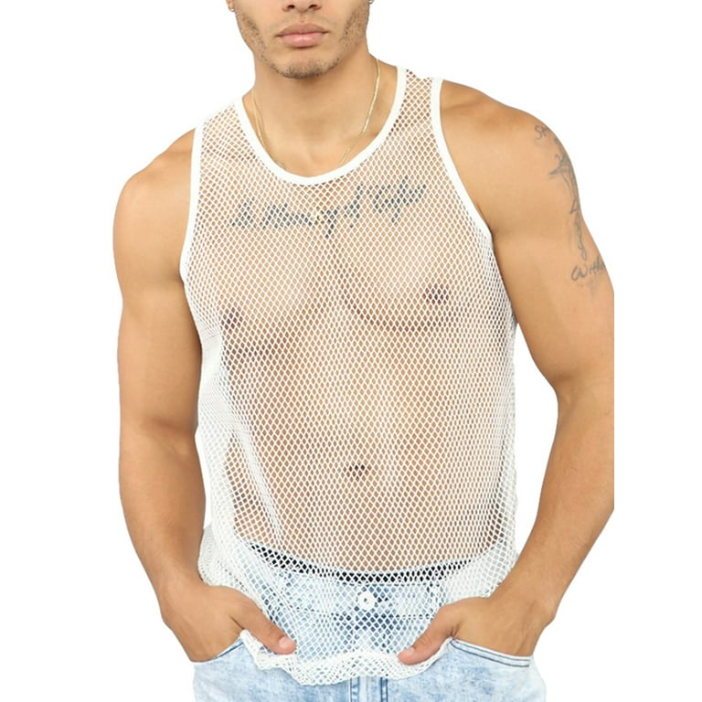 CenturyX Mens Sexy Mesh See Through Shirts Sleeveless Nightclub Sheer Tops Vest Costume Fish Net Tank Tops White M Walmart