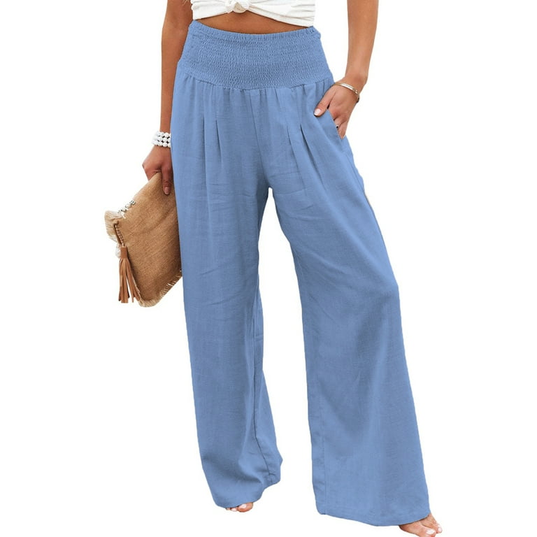 CenturyX Summer Women Loose Long Trousers Ladies High Waist Ruched Beach  Wide Leg Cotton Linen Pants Blue S