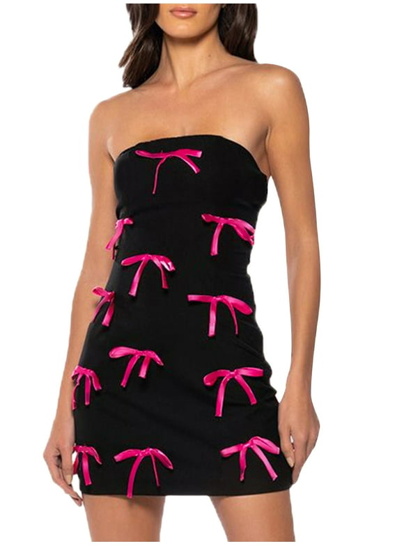 CenturyX Trendy Strapless Backless Dress with Contrast Color Bow Detail