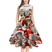 CenturyX Ugly Christmas Party Dresses for Women Siless Dress Santa Christmas Tree Costume Knee-Length Dress Red Cat L