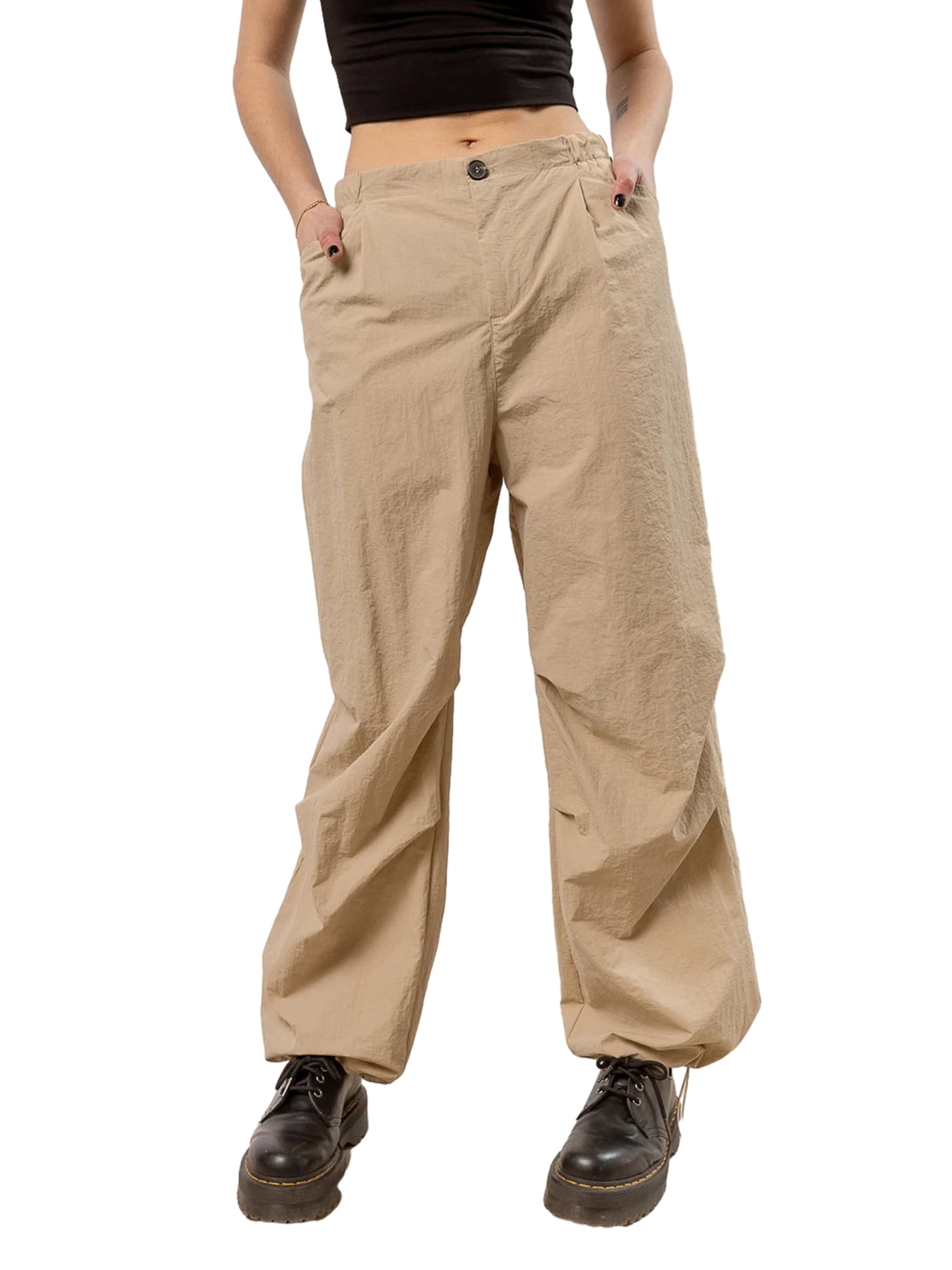 CenturyX Women Cargo Pants, Elastic Waist Solid Loose Trousers with