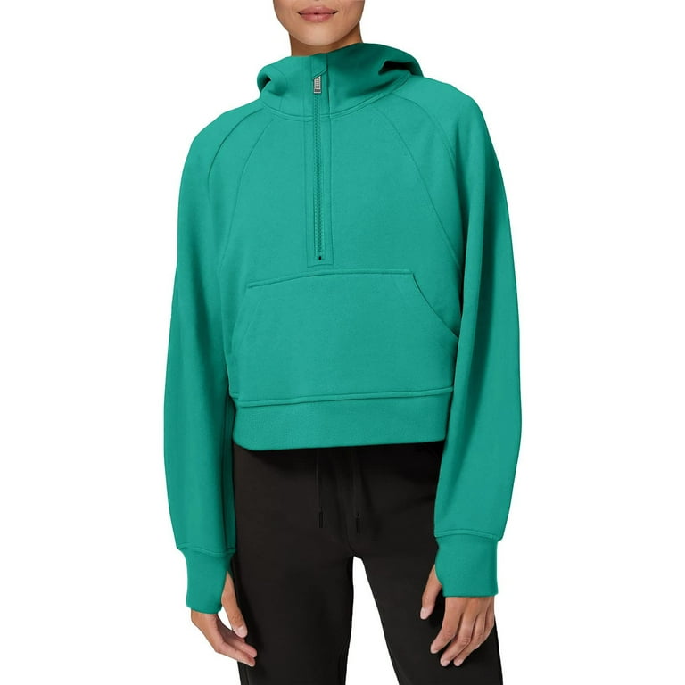 CenturyX Women Cropped Half Zip Hoodies Fleece Lined 1/2 Zipper Sweatshirts  Long Sleeve Collar Pullovers with Thumb Hole Lake Green XL 
