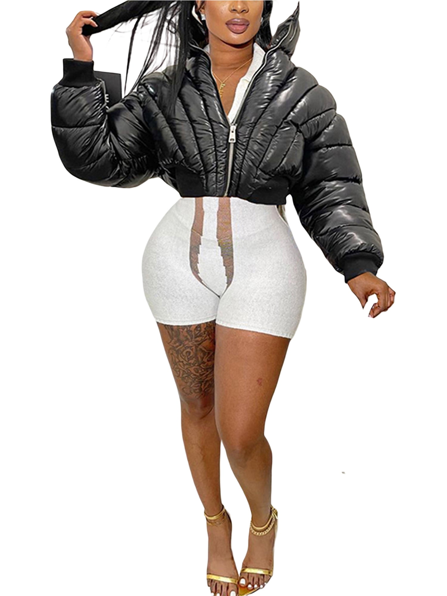 CenturyX Women Cropped Puffy Jacket Solid Color Down Jacket Zipper