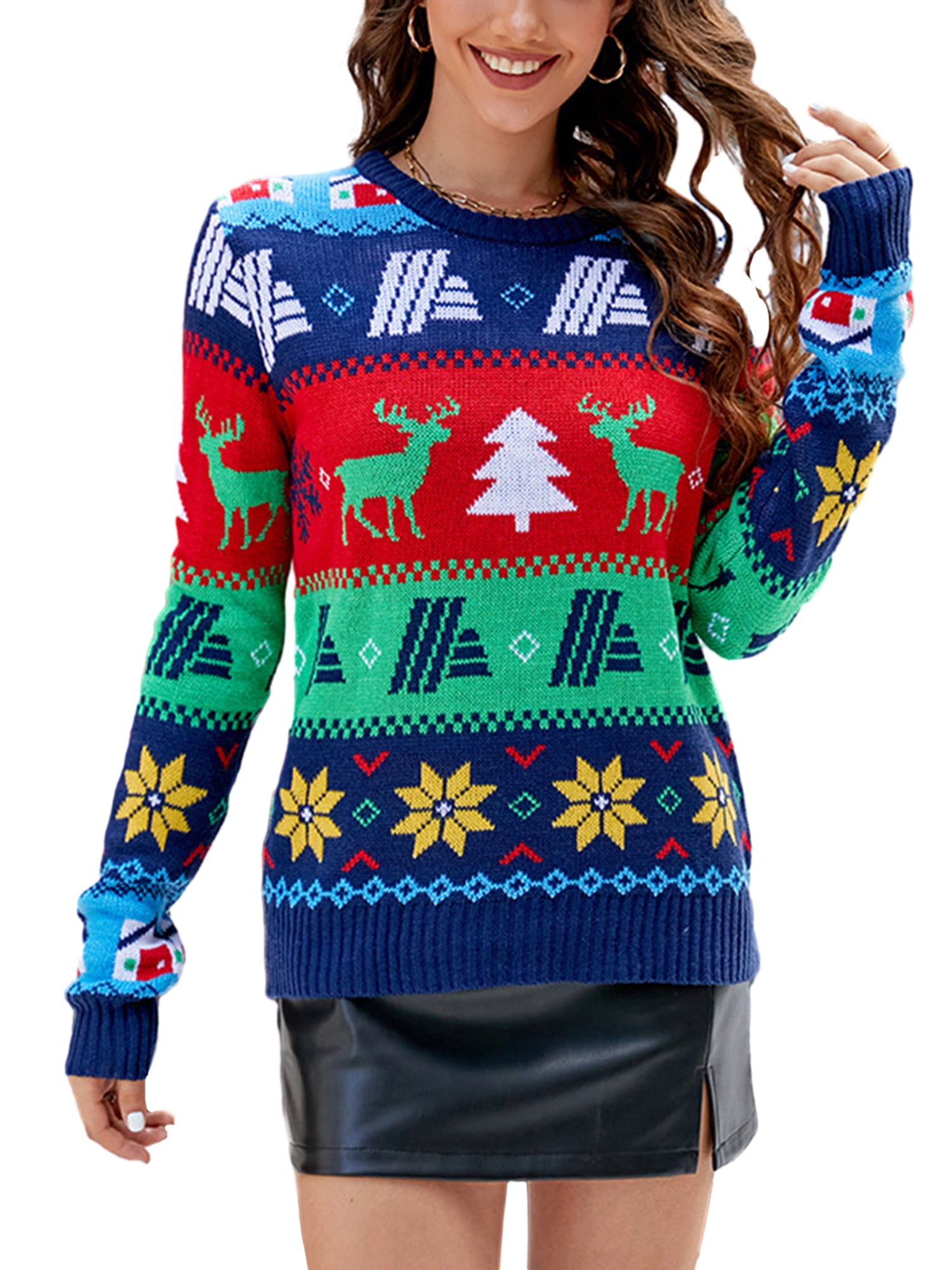 CenturyX Women's Christmas Sweaters Long Sleeve Contrast Color