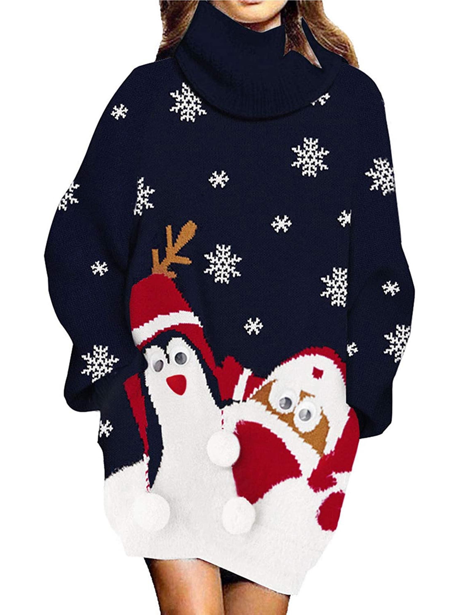 CenturyX Women's Christmas Ugly Sweater Dress Turtleneck White Snowman Print Christmas Dress