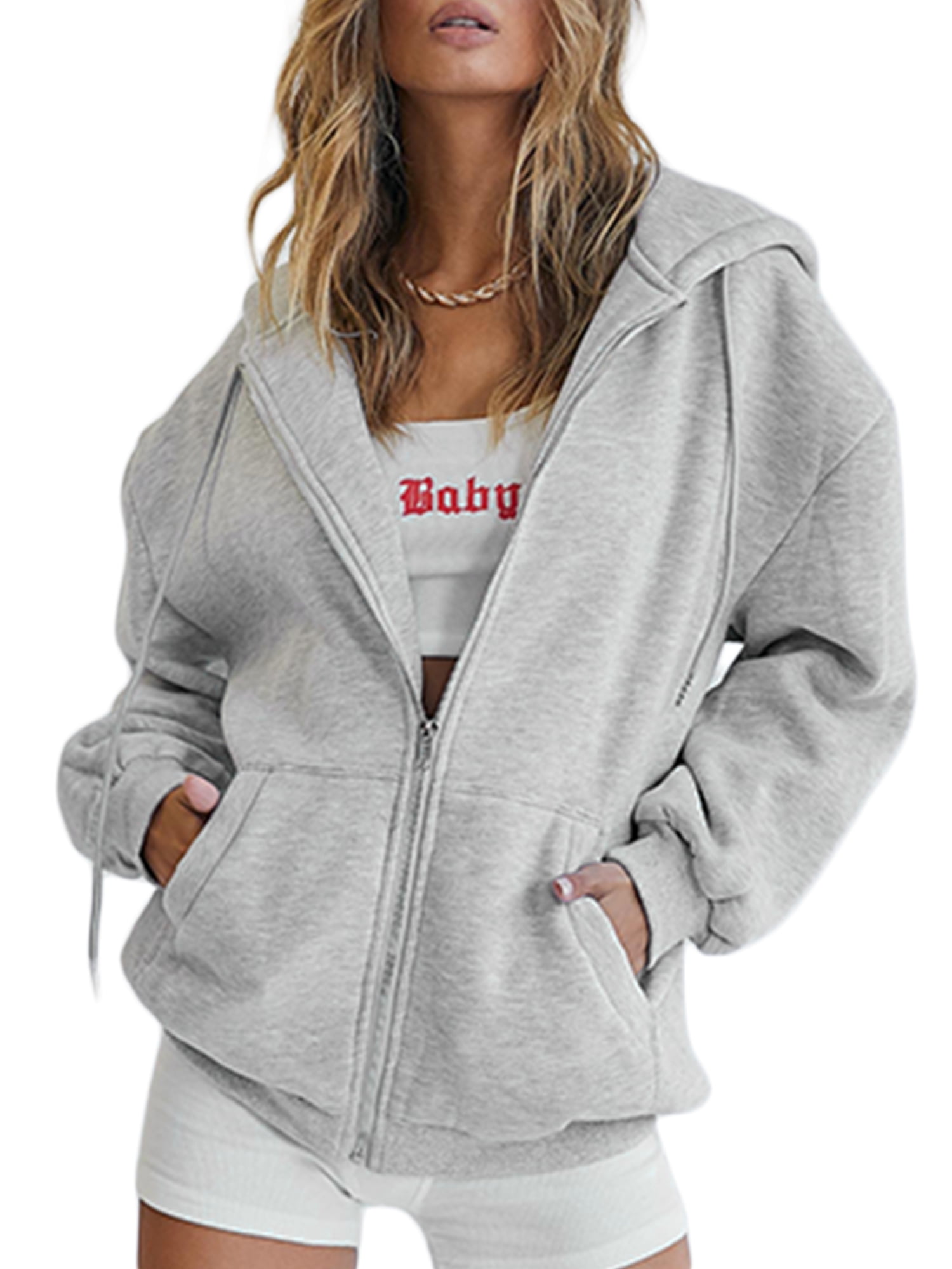 CenturyX Women 's Oversized Full Zip Drawstring Hoodies Sweatshirts Long  Sleeve Y2K E-Girl Pullover Jackets with Pockets Grey XL