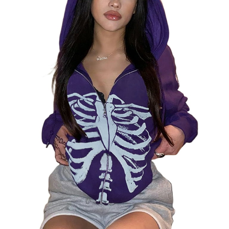 CenturyX Women s Y2K Oversized Zip Up Skeleton Hoodie Vintage