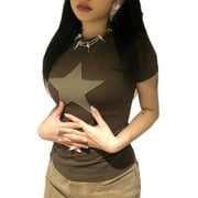 CenturyX Y2k Star Short Sleeve Shirts Tops for Women Teens Girls Vintage Aesthetic Graphic Fairy Grunge Lace Summer Tees Brown L