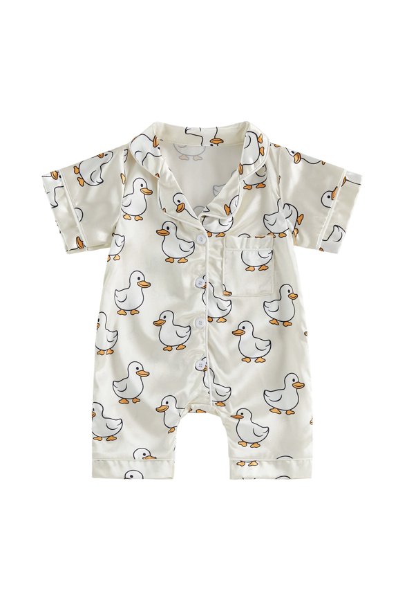 0-24M Baby Jumpsuit Short Sleeve Lapel Collar Duck/Sea Wave Print Sleep Romper Footless Newborn Outfit