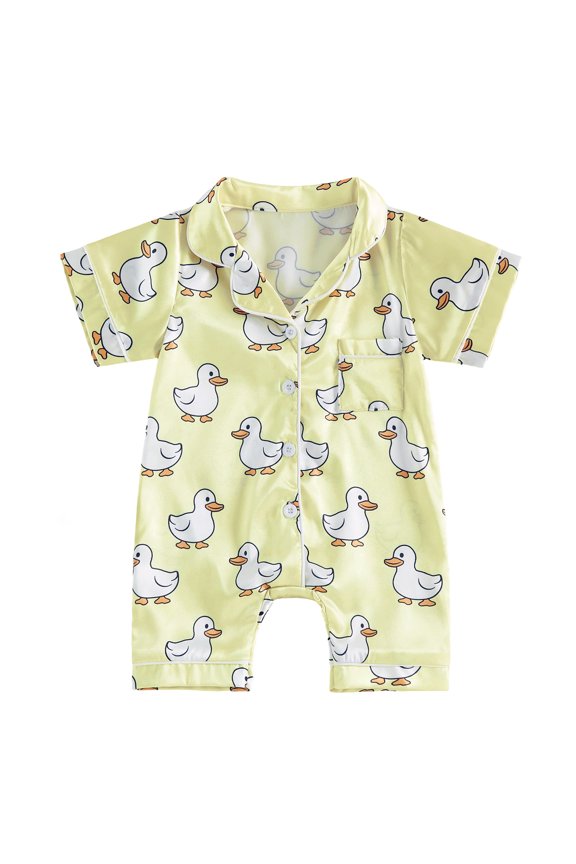 0-24M Baby Jumpsuit Short Sleeve Lapel Collar Duck/Sea Wave Print Sleep Romper Footless Newborn Outfit