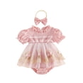 thumbnail image 1 of Cenuakty 2Pcs 0-18M Infant Baby Girl Outfit Short Sleeve Frill Neck Floral Embroidery Layered Tulle Romper Dress and Bow Headband Set, 1 of 9