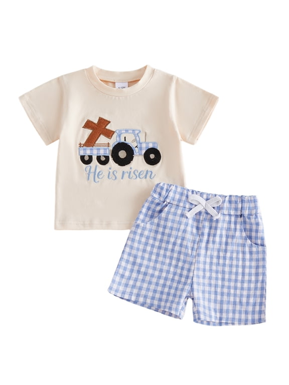 2Pcs Baby Boy Easter Outfits Short Sleeve Cross Truck Embroidery T-Shirt + Shorts Set Toddler Clothes