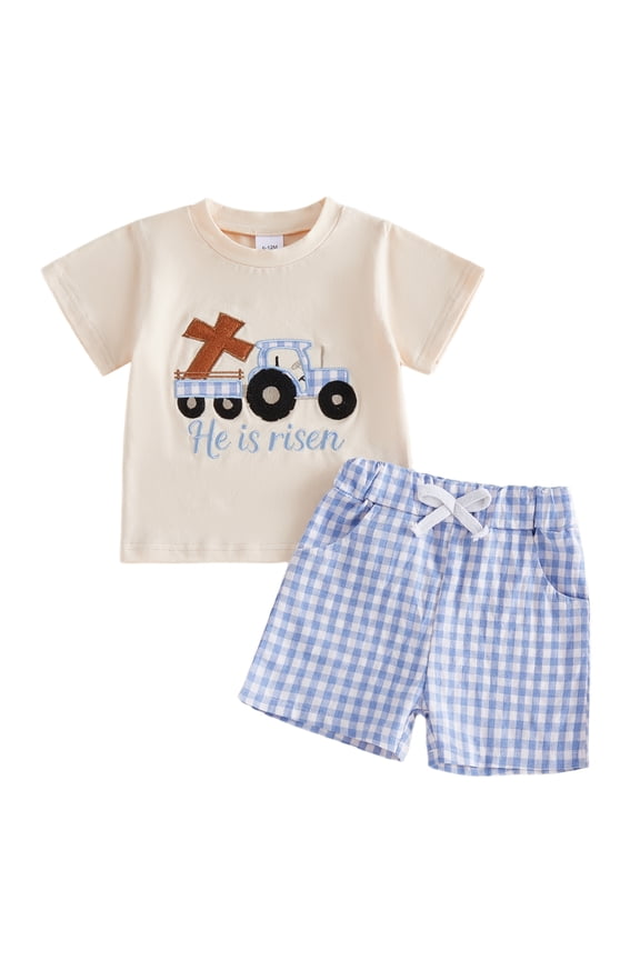 2Pcs Baby Boy Easter Outfits Short Sleeve Cross Truck Embroidery T-Shirt + Shorts Set Toddler Clothes