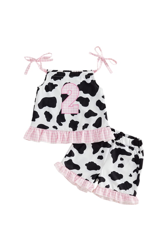 2Pcs Toddler 12M-5T Girls Birthday Outfits Sleeveless Western Cow Print Tops and Elastic Waist Shorts Set
