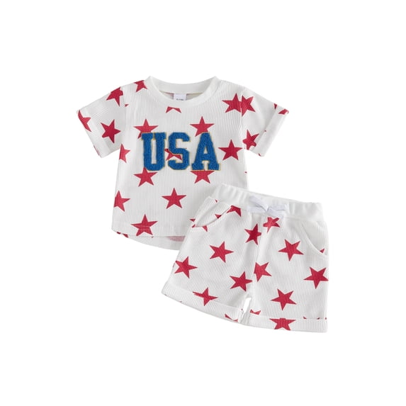 Cenuakty 2Pcs Toddler Boy Outfit Independence Day Short Sleeve Crew Neck Star Print Waffle Knit Tops and Elastic Waist Shorts