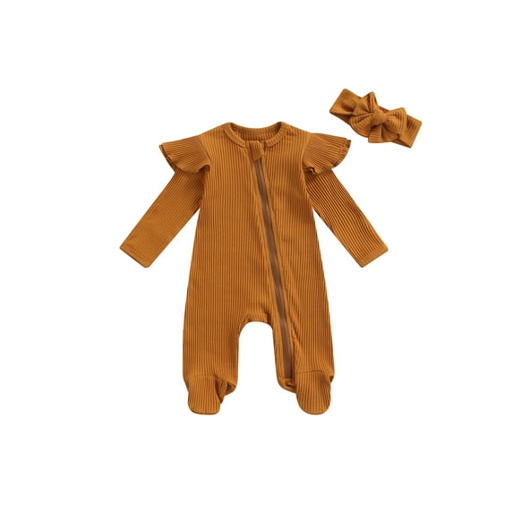 Cenuakty 2Pcs Unisex Baby Fall Set, Solid Color Ribbed Long Sleeves Zip-Up Footed Romper + Hairband for Girls, Boys, 0-6 Months