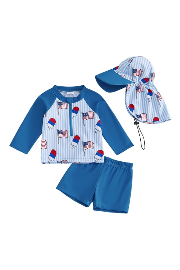 3M 6M 12M 18M 24M 2T 3T 4T 5T 6T 7T Boys Swimsuit Set 4th of July American Flag Popsicle Print Long Sleeve Tops with Elastic Waist Shorts Hat