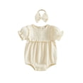 thumbnail image 1 of Cenuakty 3M 6M 12M 18M Infant Baby Girl Outfit Puff Short Sleeve Crew Neck Solid Color Romper with Bow Headband Set, 1 of 9