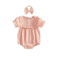 thumbnail image 1 of Cenuakty 3M 6M 12M 18M Infant Baby Girl Outfit Puff Short Sleeve Crew Neck Solid Color Romper with Bow Headband Set, 1 of 9