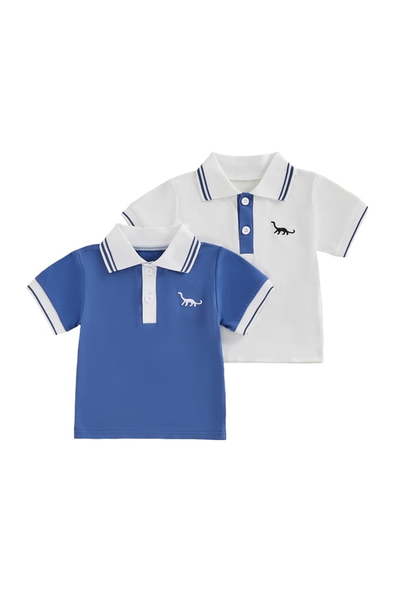 6M-4T Toddler Baby Boy Summer Shirts Set of 2, Dinosaur Embroidered Short Sleeve Half Button-up Collared Tops