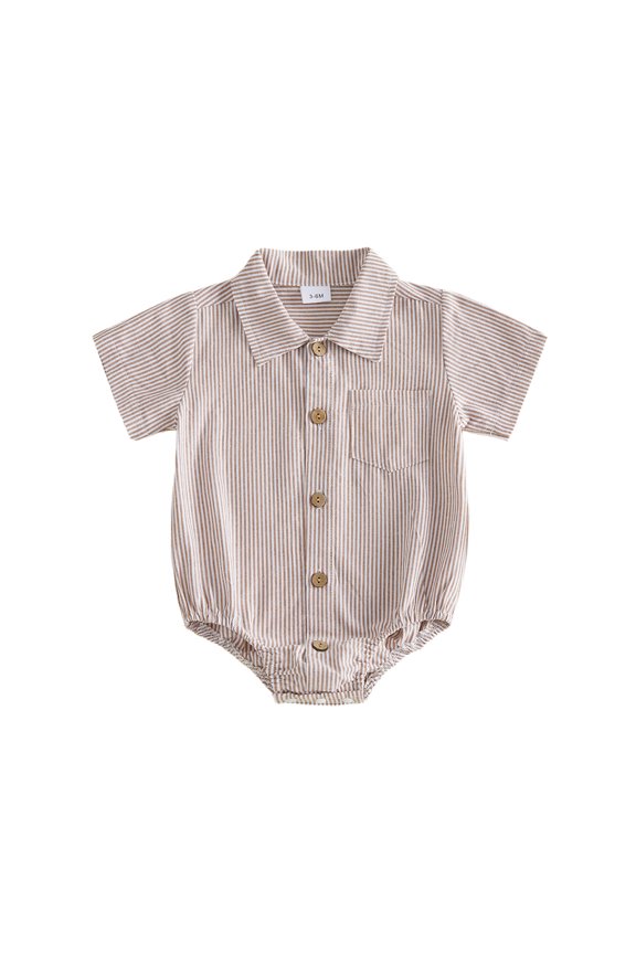 Baby 0-18M Boys Summer Shirt Jumpsuit Stripe Print Short Sleeve Lapel Button Down Romper with Pocket
