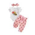 thumbnail image 1 of Cenuakty Baby 3M 6M 12M 18M 24M Girl Summer Outfits Fashionable Short Sleeve Bee Floral Print Romper with Pants, Headband 3Pcs Set, 1 of 9