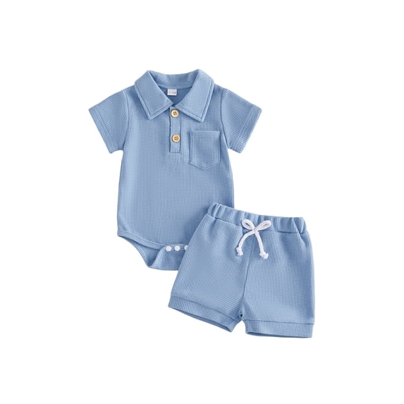 Cenuakty Baby 3M 6M 12M 18M Boy Summer Outfits Waffle Texture Button Lapel Neck Short Sleeve Romper and Shorts 2 Pcs Set