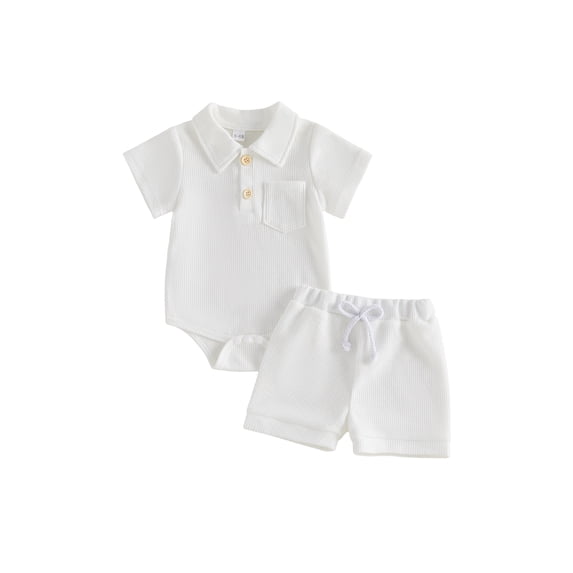 Cenuakty Baby 3M 6M 12M 18M Boy Summer Outfits Waffle Texture Button Lapel Neck Short Sleeve Romper and Shorts 2 Pcs Set