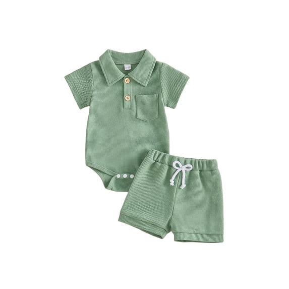 Cenuakty Baby 3M 6M 12M 18M Boy Summer Outfits Waffle Texture Button Lapel Neck Short Sleeve Romper and Shorts 2 Pcs Set
