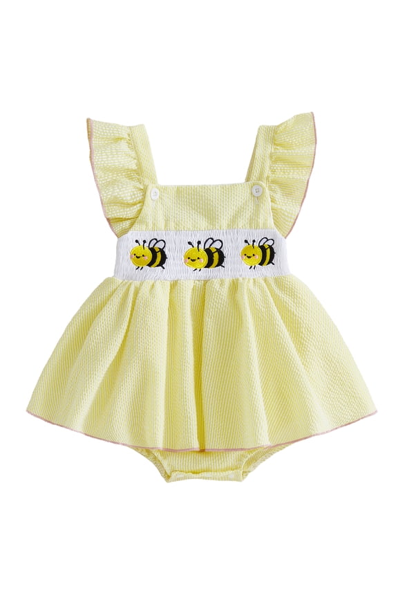 Baby 3M 6M 12M 18M Girl Romper Dress Bee Embroidered Flying Sleeve Smocked Jumpsuit Cute Summer Clothes