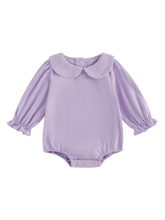 Baby 3M 6M 12M 18M Girl Romper Long Sleeve Doll Collar Solid Color Bodysuit Infant Fall Playsuit
