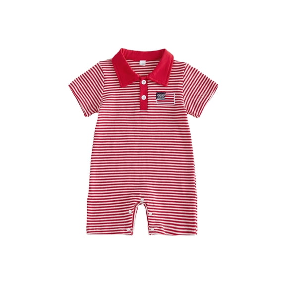 Cenuakty Baby Boy 4th of July Romper 0-18M American Flag Embroidered Striped Short Sleeve Half Button-up Collared Bodysuit