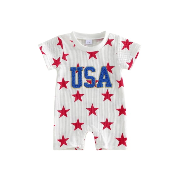 Cenuakty Baby Boy 4th of July Romper Adorable Letter Embroidery Short Sleeve Round Neck Jumpsuit