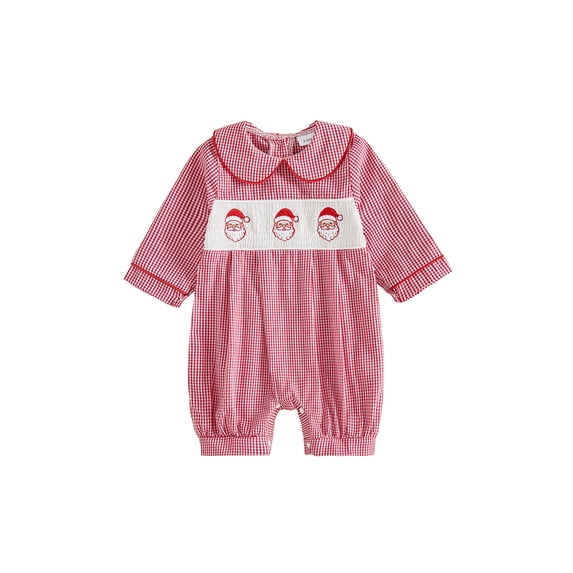 Cenuakty Baby Boy Christmas Plaid Romper Santa Embroidery Long Sleeve Jumpsuit