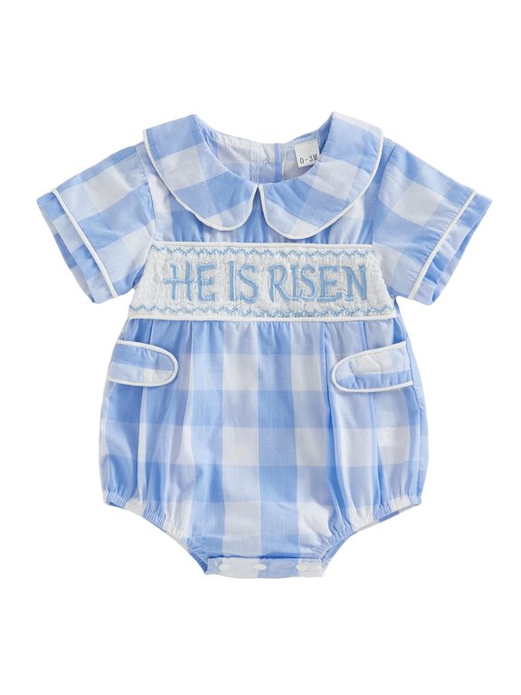 Baby Boy Easter Plaid Romper Fashionable Letter Embroidery Doll Collar Short Sleeve Jumpsuit