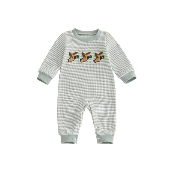 Cenuakty Baby Boy Fall Romper Casual Duck Embroideried Striped Crew Neck Long Sleeve Infant Boy Jumpsuit