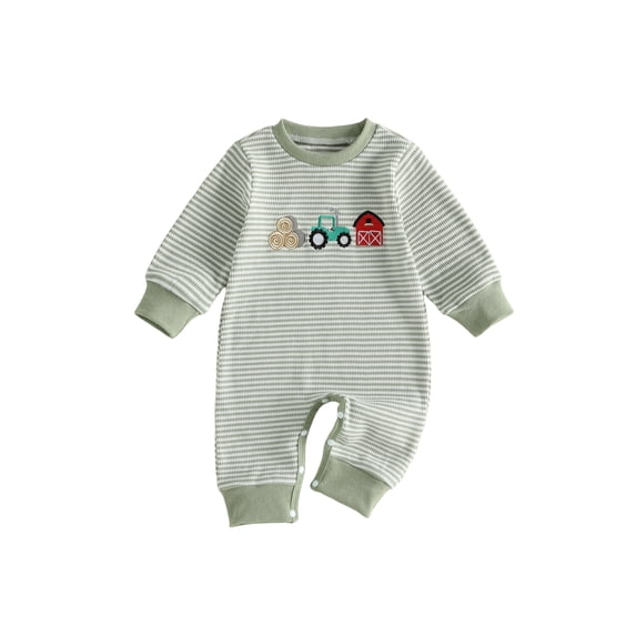 Cenuakty Baby Boy Fall Romper Waffle Stripe Print Embroidery Long Sleeve Jumpsuits