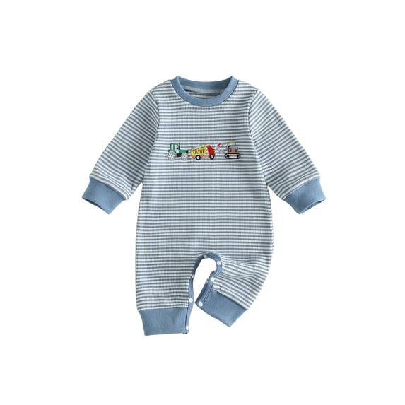 Cenuakty Baby Boy Fall Romper Waffle Stripe Print Embroidery Long Sleeve Jumpsuits