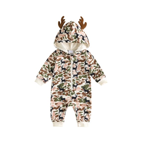 Cenuakty Baby Boy Jumpsuit, Long Sleeve Hooded Camouflage Deer Print Zipped Romper