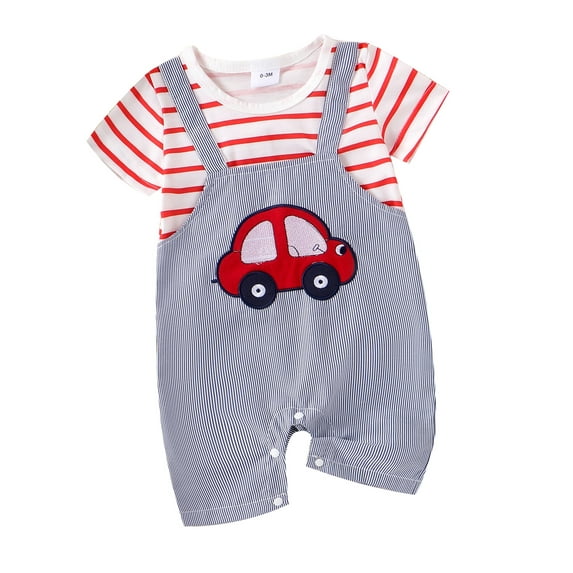 Cenuakty Baby Boy Short Sleeve Romper Round Neck Striped Car Patch Fake Two-Pieces Jumpsuit Infant Toddler Summer Clothes