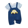 thumbnail image 1 of Cenuakty Baby Boy Short Sleeve Romper Round Neck Striped Car Patch Fake Two-Pieces Jumpsuit Infant Toddler Summer Clothes, 1 of 9