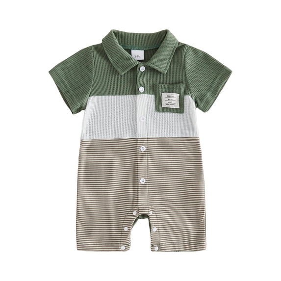 Cenuakty Baby Boy Summer Romper Fashionable Contrast Color Striped Short Sleeve Turn Down Collar Jumpsuit