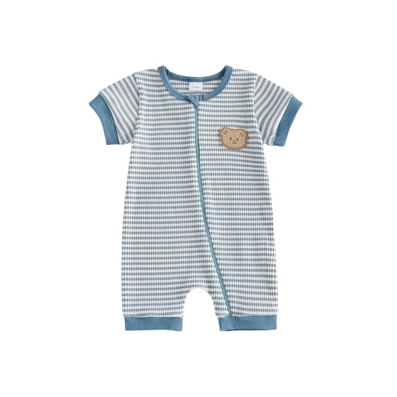 Cenuakty Baby Boys 0-18M Rompers Stripe Print Bear Embroidery Crew Neck Short Sleeve Infant Bodysuits Jumpsuits